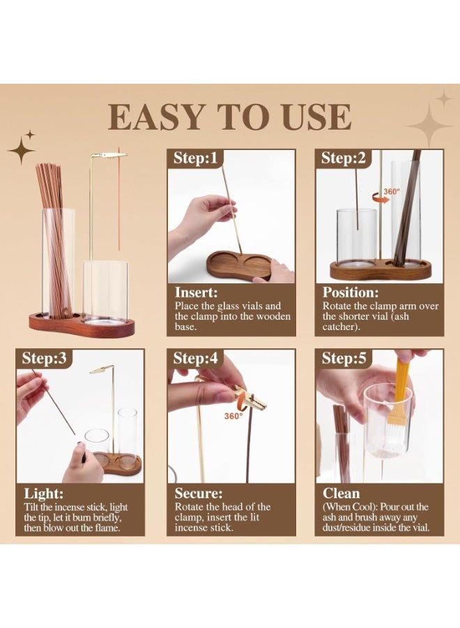 Nailuck 2 in 1 Incense Holder for Sticks with Glass Ash Catcher, Upside Down Anti-Ash Incense Stick Burner, Modern Vertical Incense Holder for Yoga, Spa, Meditation and Home Decor Brown - Image 2
